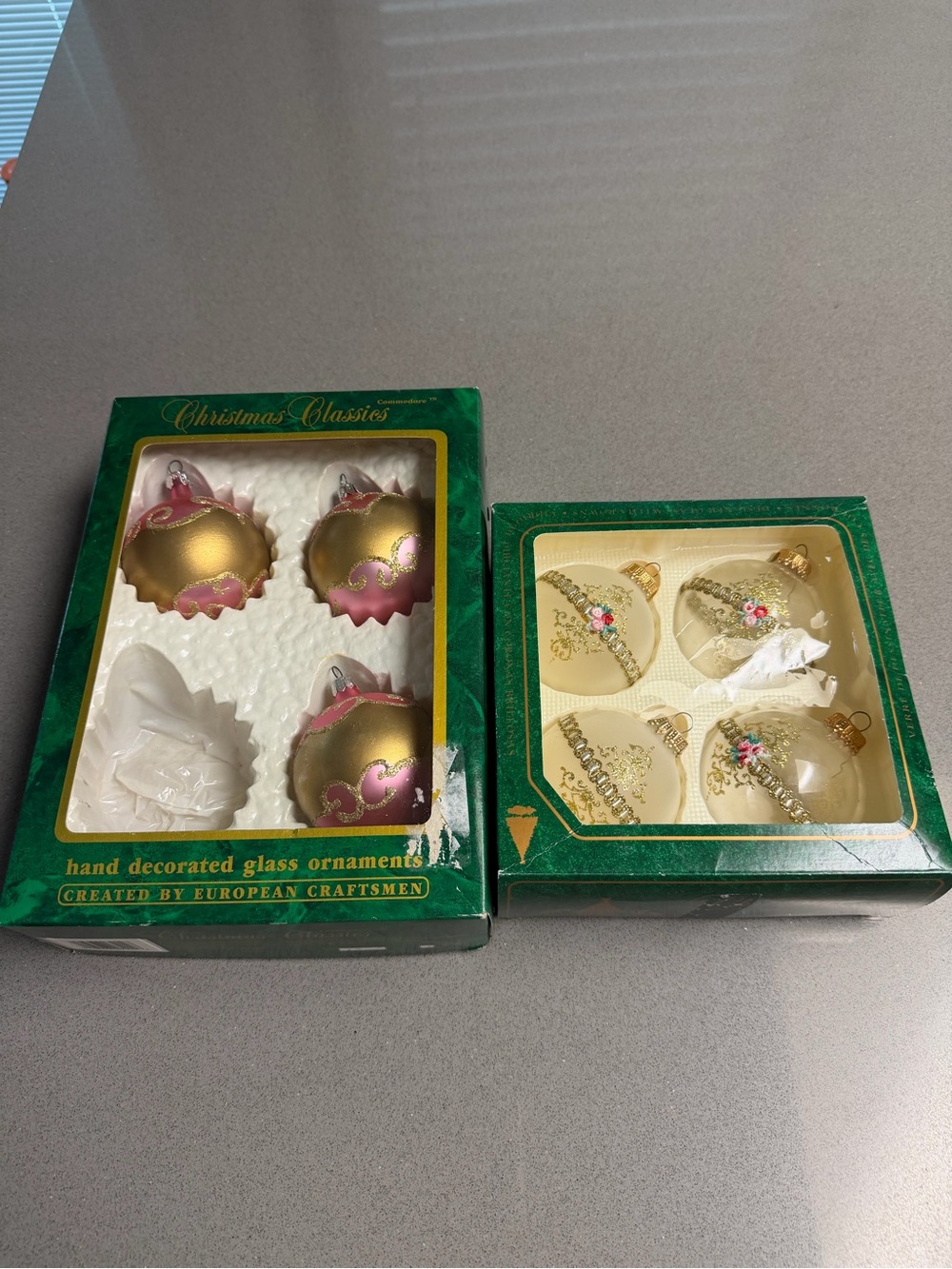Vintage Christmas by Krebs Glass Ornaments Lot 7 Pink Flowers Gold Boxed